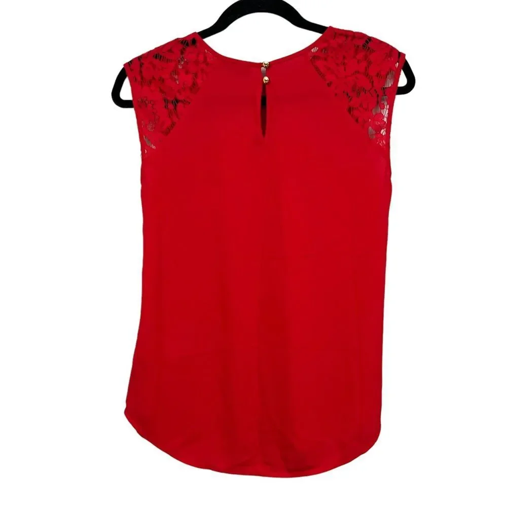 J. Crew Womens Tank Top Round Neck Lace Shoulders Key Hole Back Red Sz 0*